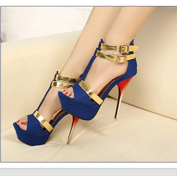 Fashion Summer Women Sandals blue Gold Casual Flock Buckle Strap Thin Heels 12CM High Heels Open Toed Women Shoes Sexy Pumps - Color: Blue