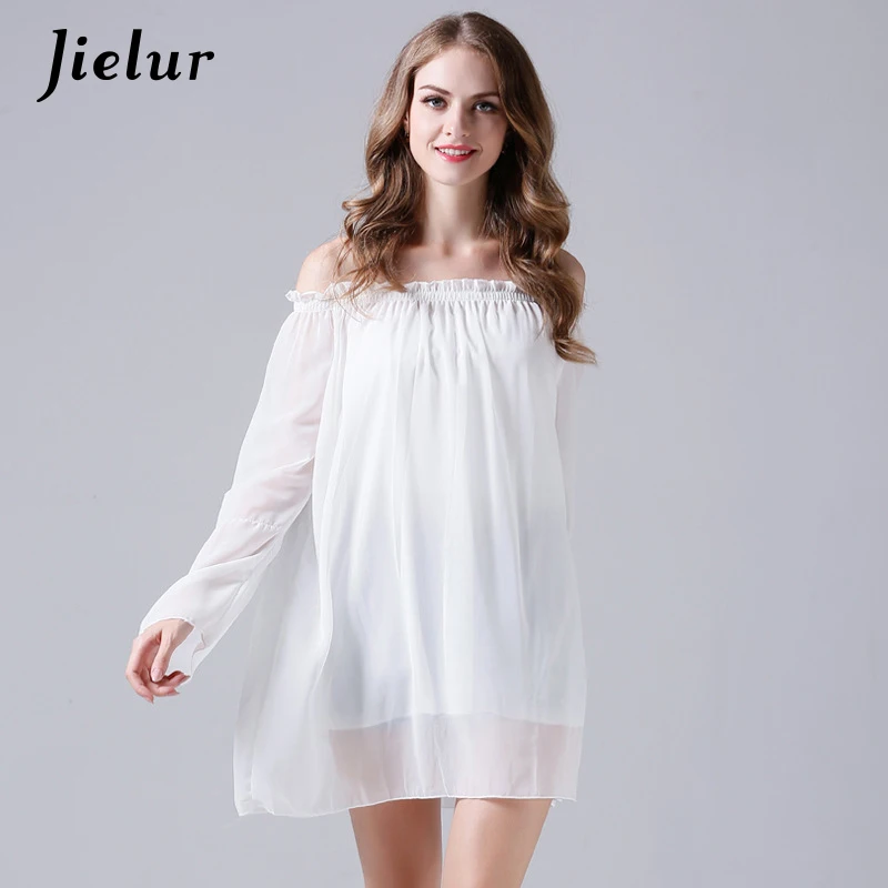 

Jielur Spring Summer Elegant lady Sexy Dress Female Stretched Slash Neck Chiffon Dress Women Loose Butterfly Sleeve Vestidos