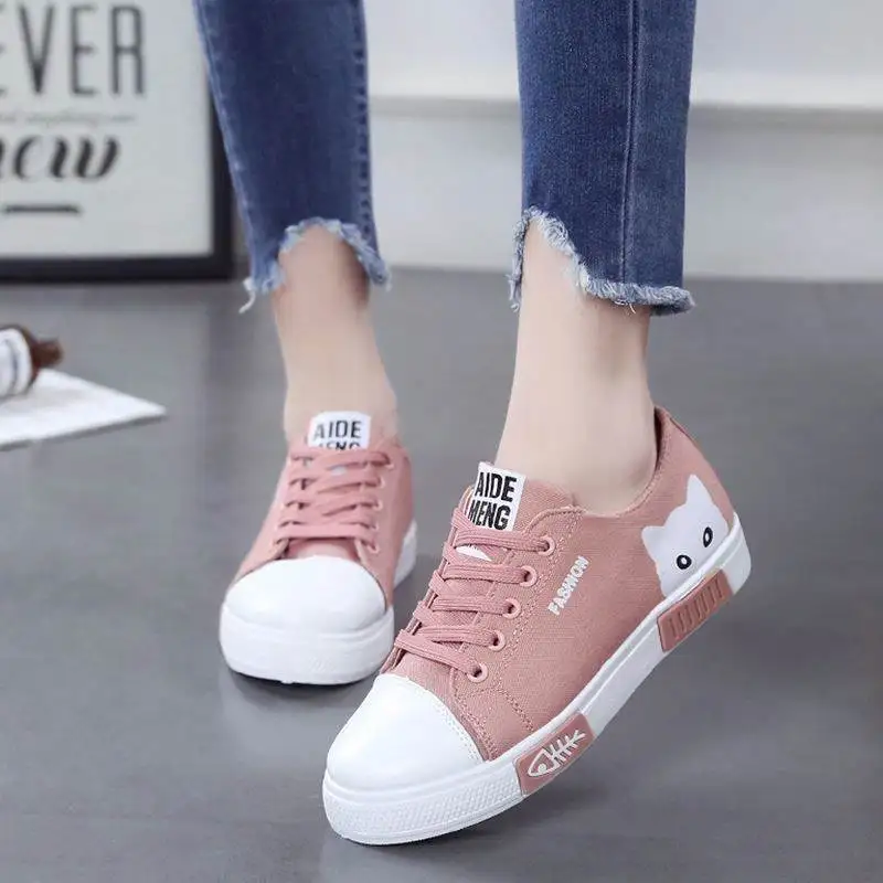 

MIUBU Women Flat Cartoon Canvas Shoes 2020 New Summer White Lace Up Student Board Shoes Ladies Casual Shoes Female Sneakers