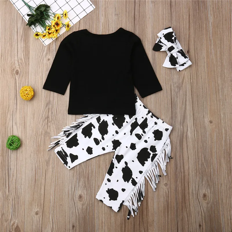 PUDCOCO Newborn Baby Girl Boy Cow Long Sleeve Tops T-Shirt Tassels Legging Pants Headband Outfits 3PCS Clothes Set 0-24M | Детская
