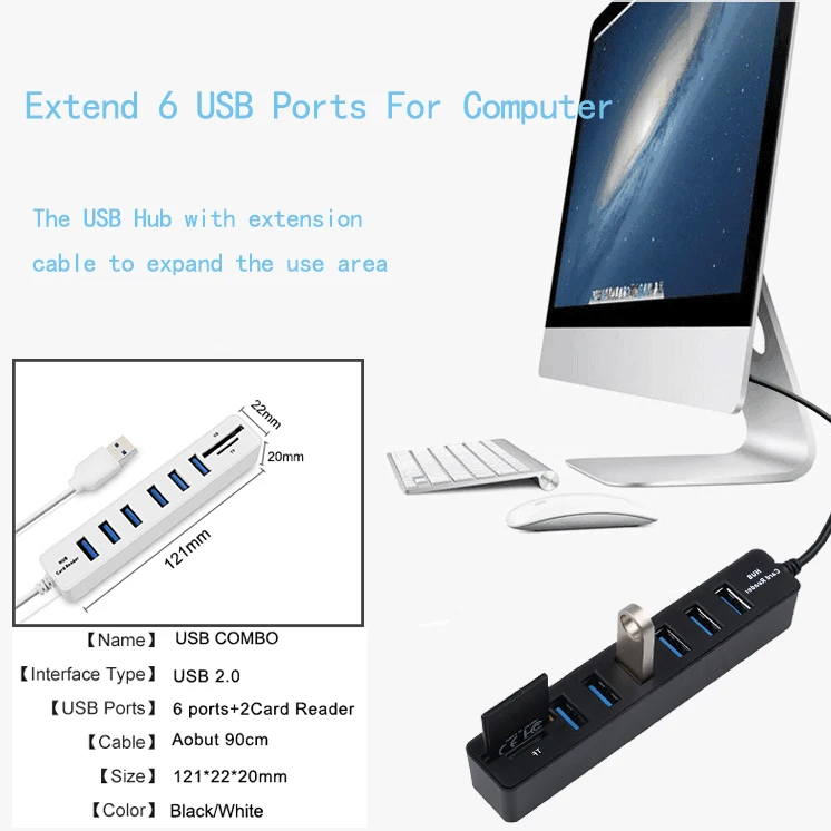 Kebidu популярный телефон 6 портов USB 2 0 концентратор в 1 разветвитель мульти-USB Combo +