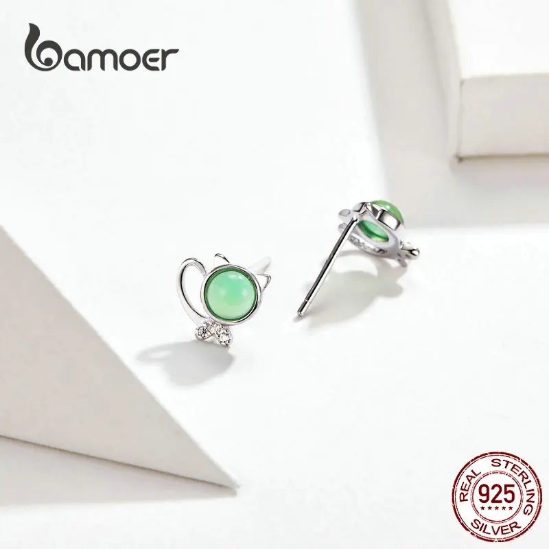 Bamoer, серьги с котом для девочек, подарки, трава, зеленый камень, кошечка, шпилька, Настоящее серебро, 925, не вызывает аллергии, модное ювелирное изделие SCE653