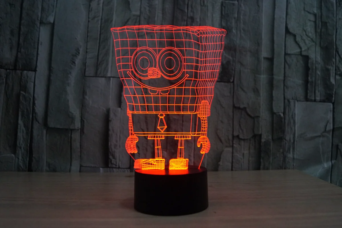 Губка Боб 7 цветов Изменение 3D визуальная голограмма стерео Светодиодная лампа