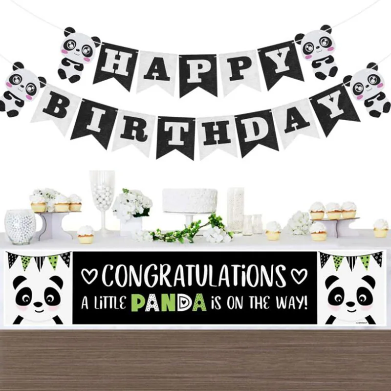 Cartoon panda Flag and Balloons Happy Birthday Cake Banner One year old Wedding Christmas for baby shower | Дом и сад