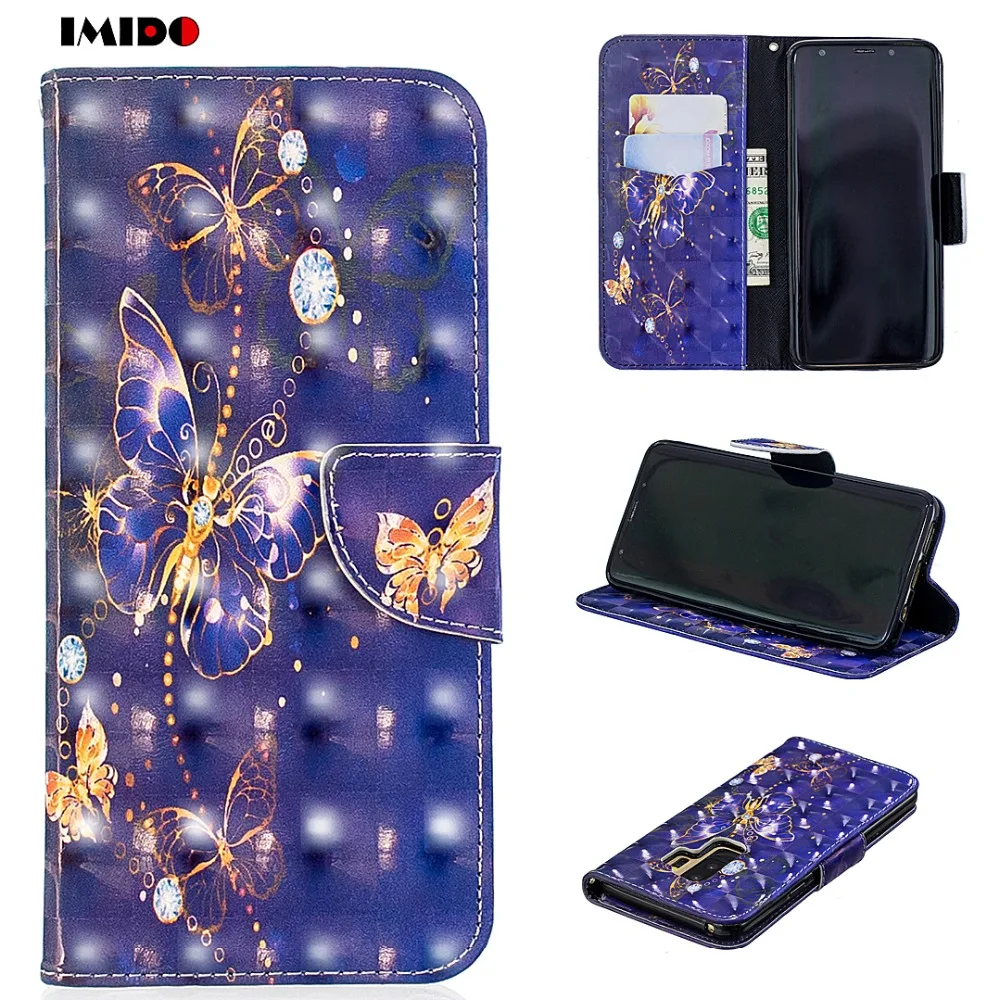 IMIDO Cute Cartoon 3D Butterfly Painted Phone Case For Samsung Galaxy S9 S8 Plus A8 A6 J4 J6 2018 J330 Leather PU Cover Coque |