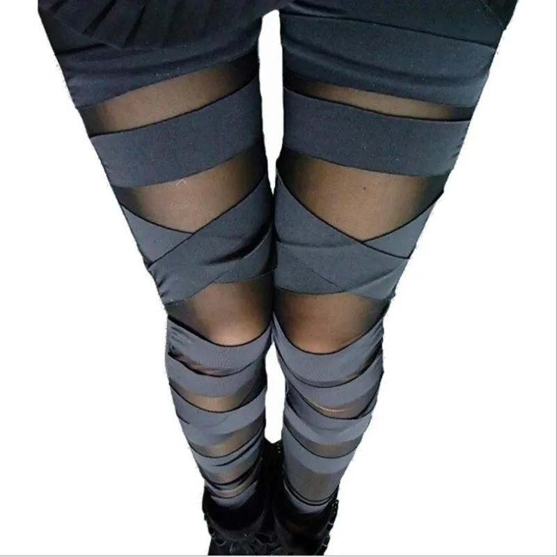 YSDNCHI Woman Pencil Pant Sexy Leggings Fashion Ripped Bandage Trousers Black Lace Cut-out Girl Patchwork Street