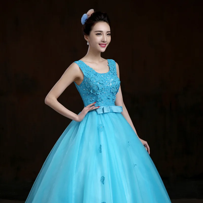 Blue Lace Wedding Dresses Puffy Princess Bridal Gowns Sleeveless Crystals Vestido De Noiva 2017 Custom Made Dress On Sale | Свадьбы и