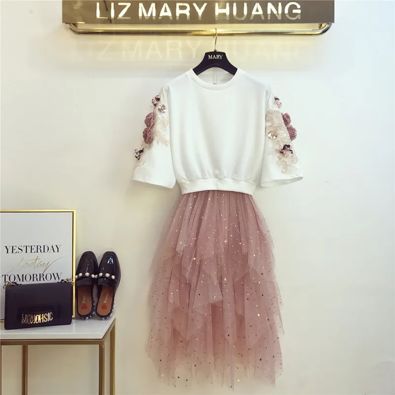 New 2019 Summer Sweet Floral-embellished Embroidery Pullover Crop Top + Sequined Layer Tulle Mesh Skirt Set Women 2 Piece | Женская