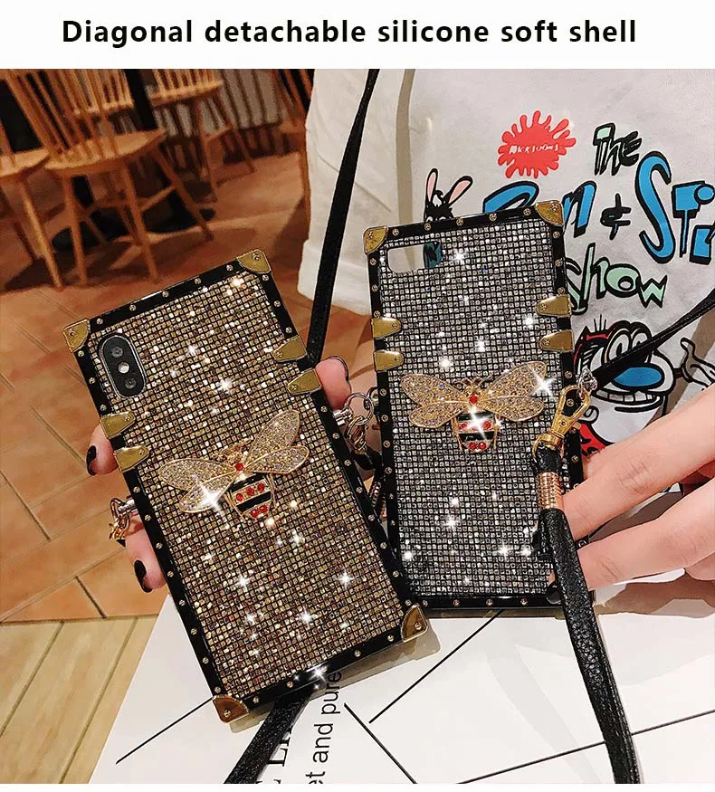 Блестящий чехол с ремешком через плечо для iPhone XS Max XR X, роскошный блестящий чехол для телефона с бриллиантами для iPhone 6S 7 8 Plus, чехол для девочки