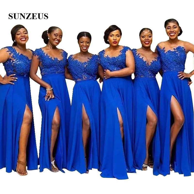 

A-line Long Royal Blue Chiffon Bridesmaids Dresses For Summer Women Cap Sleeves Appliques Wedding Party Gowns With Side Slit