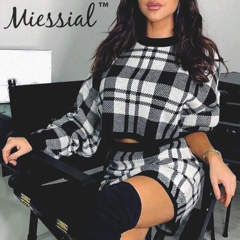 Miessial, вязанный клетчатый костюм из двух частей, платье-свитер, женское, Осеннее, элегантное, облегающее, мини-платье, зимнее, теплое, винтажное, вечерние, Клубное платье