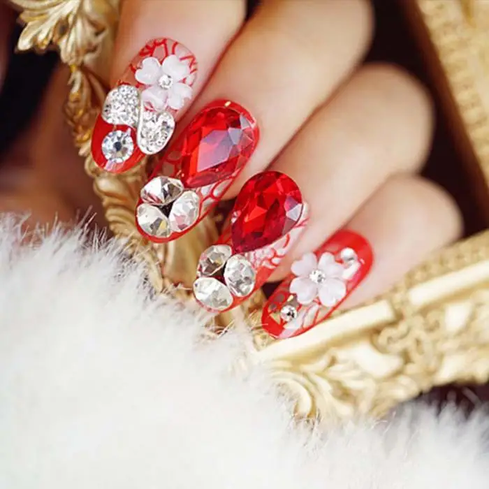 Gorgeous Wedding Nail Tips For Bride 24pcs Shiny Red false nails 3D Big Rhinestone Crystal Press On Long fake Artificial Nail
