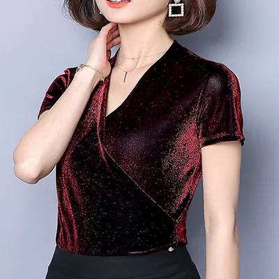 wine red Золотистая и серебристая шелковая футболка с короткими рукавами, Женская Кружевная футболка с v-образным вырезом и облегающая Модная рубашка летом года. LX13 - Цвет: wine red