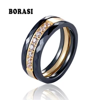 3pcsset new hot black pink white ceramic rings stainless steel ceramic three lines wedding ring with crystal jewelry for women