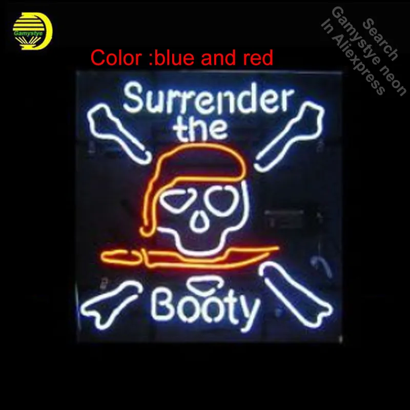 

NEON SIGN surrender the booty skull Pirate Cranial Signboard REAL GLASS BEER BAR PUB display Beer Bar Pub Light Signs 18*18"