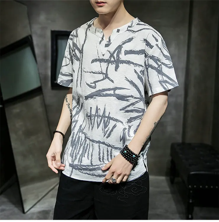 White Camouflage Harajuku мужские футболки Летняя Повседневная Уличная одежда мужские футболки с принтом китайский стиль мужские хлопковые льняные футболки с v-образным вырезом M-5XL - Цвет: White Camouflage