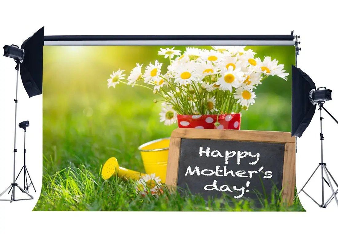 Happy Mother's Day Backdrop Spring Garden Fresh Flowers Chalkboard Green Grass Meadow Background | Электроника