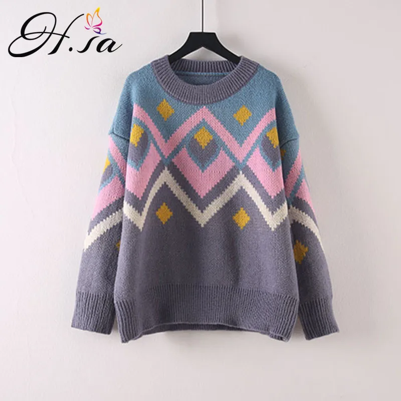 H. SA 2018 женский зимний свитер и пуловеры винтажный Geomertric Pull Jumpers Argyle милый