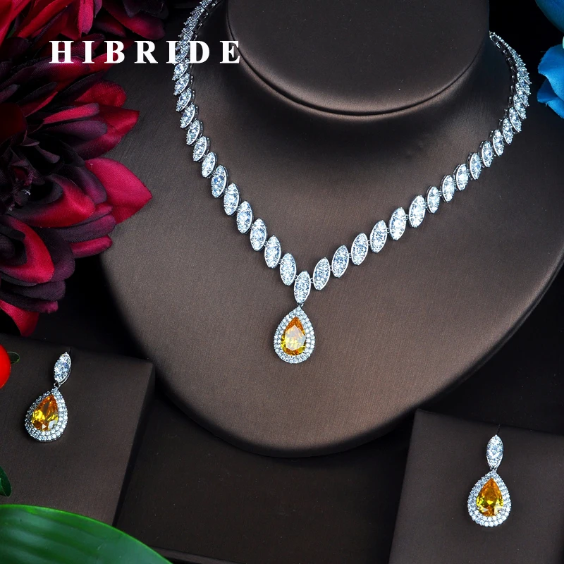 

HIBRIDE Luxury Marquise Cut Cubic Zirconia Women Jewelry Sets Yellow Water Drop Set Wedding Dress Accessories Party Gifts N-487