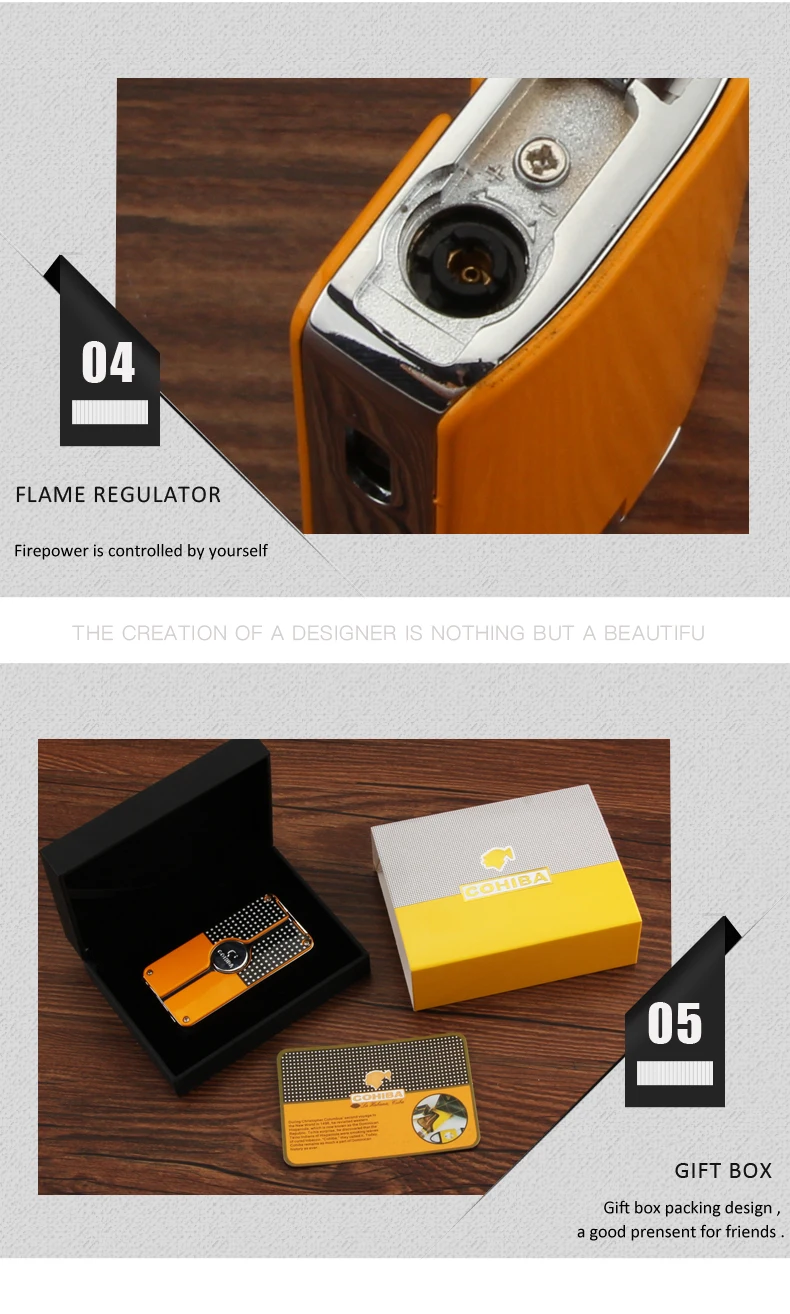 COHIBA газовая зажигалка для сигар 3 фонарь ветрозащитный газ многоразового использования 3 струи пламени фонарь зажигалки для сигар