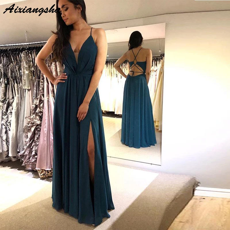 

Spaghetti Straps V-Neck Chiffon Prom Dresses with Split Special Design Long Evening Party Dress