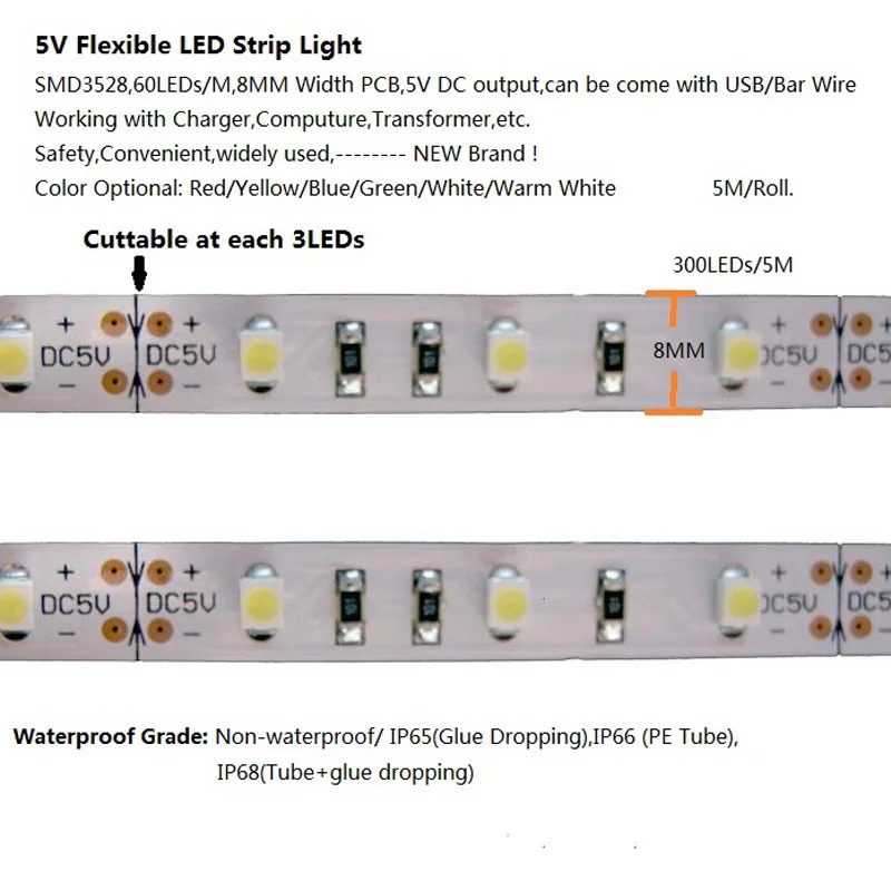 светодиодная лента 5v 5 В DC SMD 3528 1м 2м 3м 4м 5м 300 СИД теплый чистый холодный белый