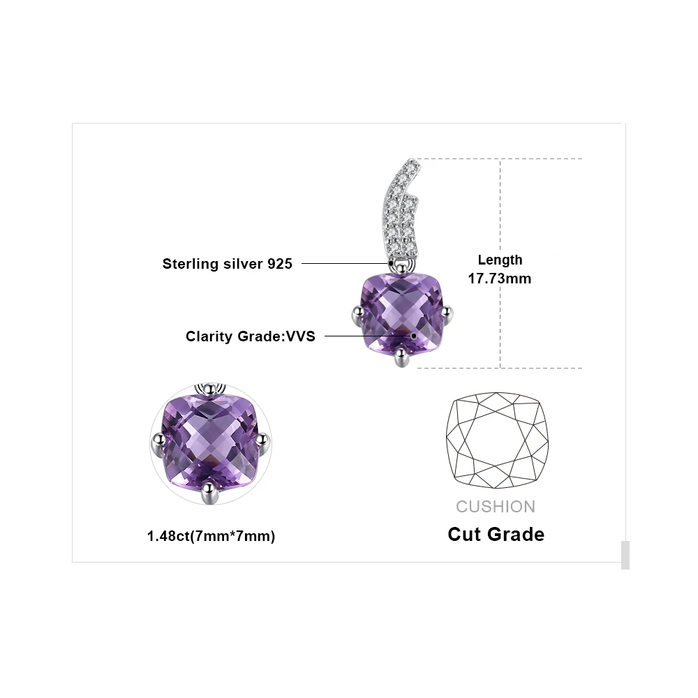 Jewelrypalace классический 1.55 карат решетки квадратный аметисты кулон стерлингового