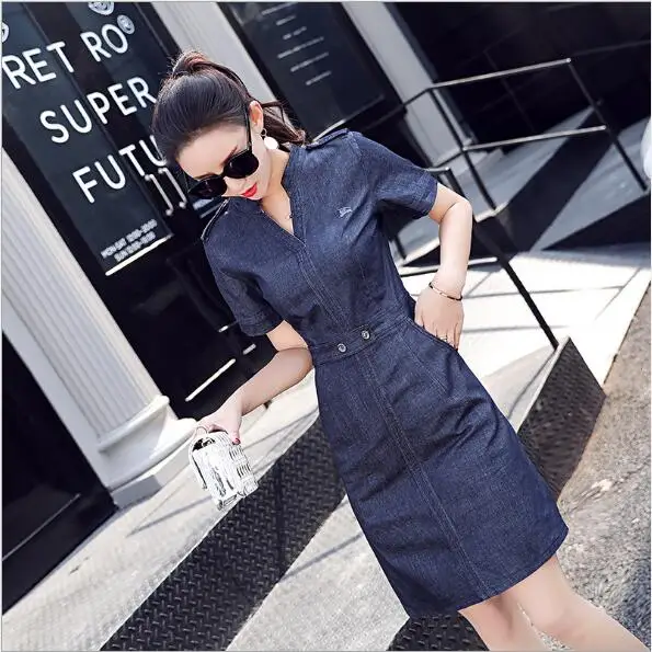 Женское джинсовое платье с коротким рукавом и v-образным вырезом повседневное