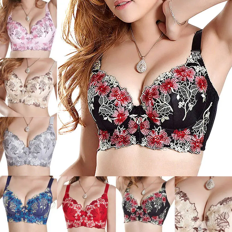 

Women Bra Embroidery Push Up Wireless Strappy Breathable Underwear ASD88