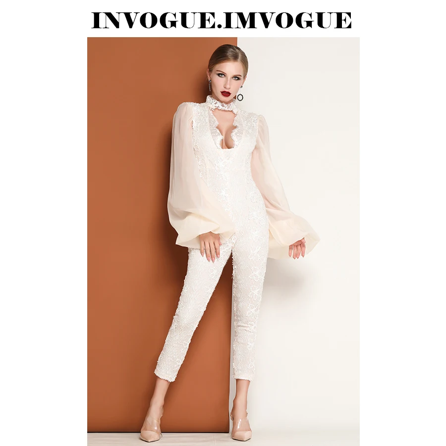 INVOGUE. Женский кружевной комбинезон с круглым вырезом и длинными рукавами ivogue
