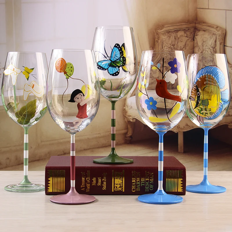 Бокал матовый с ручной росписью бокал Красного вина цветным рисунком модный в