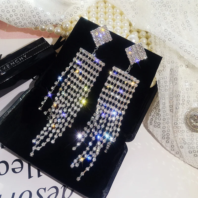 Luxury Geometric Rhinestone Earrings for Women Shiny Gold Silver Color Long Tassel Wedding Party Jewelry Bijoux | Украшения и