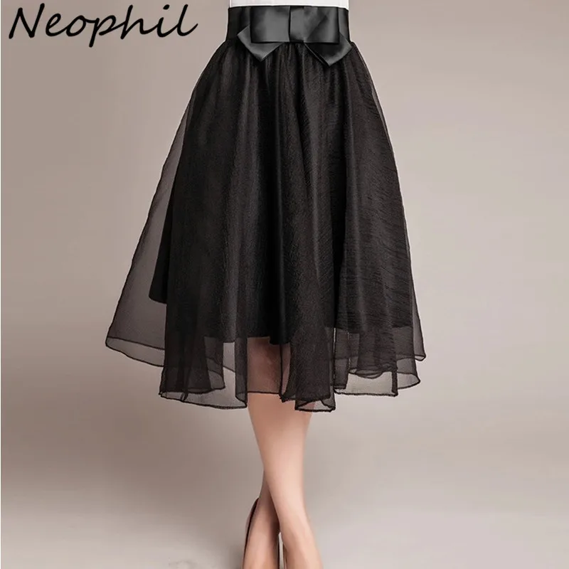 Neophil 2022 Vintage Black Pink Tulle High Waist Bow Midi Skirts Girls Women Organza Mesh Pleated Ball Gown Fluffy Jupes S08014