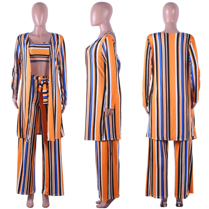 

Adogirl Colorful Stripe Women 3 Piece Set Strapless Crop Top + Tie Wide Leg Pants + Full Sleeve Long Cardigan Coat Casual Outfit