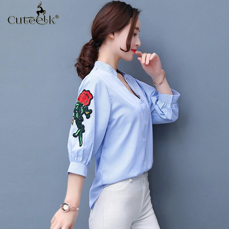 Плюс Размер 5XL 2017 Blusas Мода Полосы V образным Вырезом Женщины Блузка Цветочные