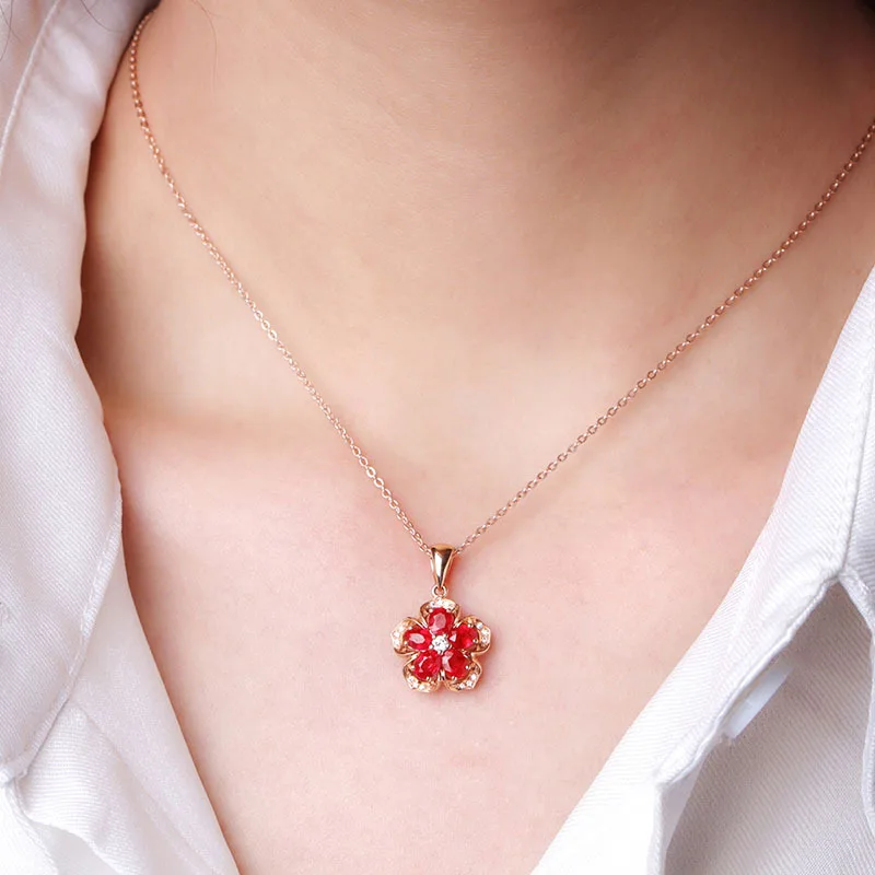 Plum Blossom Cherry Wintersweet Flowers Rose Gold Color Fashion Pendant Necklace Made with Five Petal Red Austria Crystal Wholes | Украшения