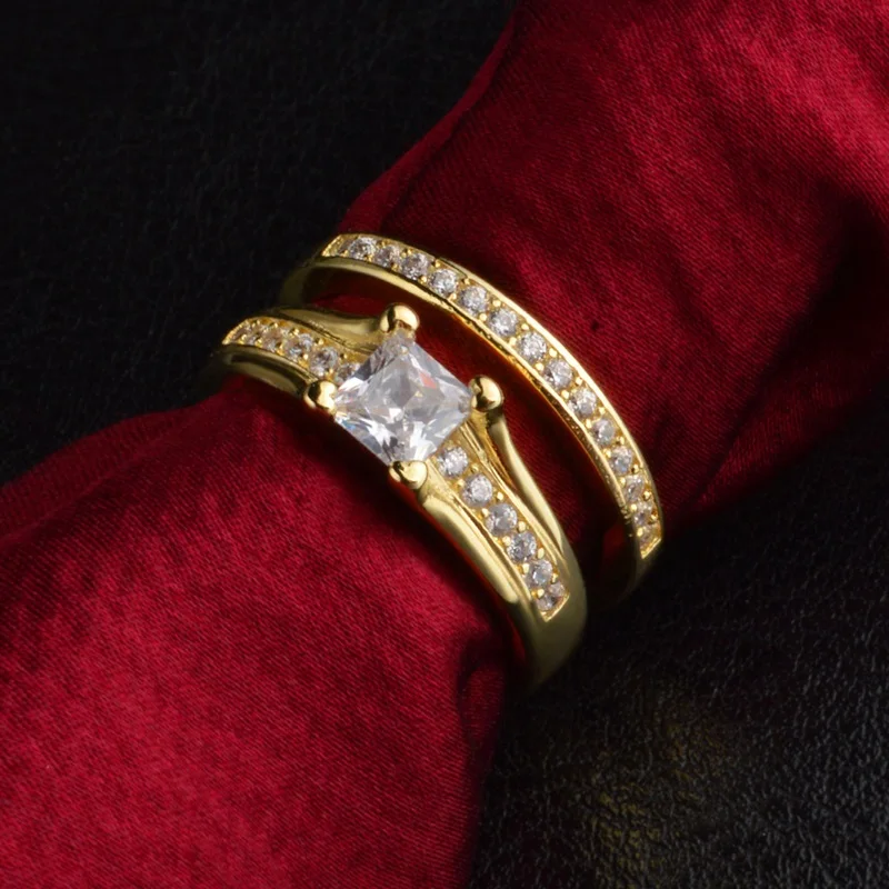 

OMHXZJ Wholesale Personality Fashion OL Woman Girl Party Wedding Gift Gold White Wide AAA Zircon 18KT Yellow Gold Ring Set RN19