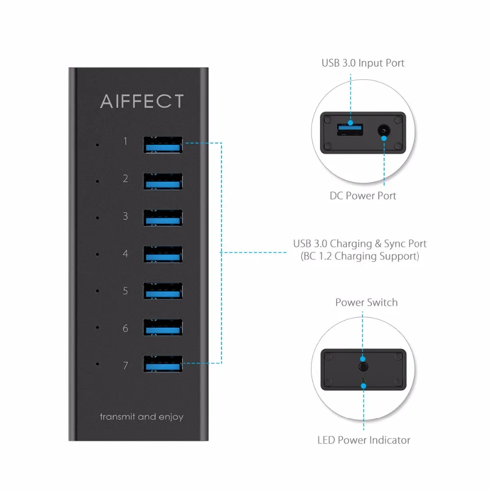 AIFFECT 7 портов Алюминиевый USB 3 0 концентратор BC1.2 быстрое зарядное устройство с 12V 2A