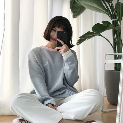 2 цвета осень и зима 2016 корейский стиль пэчворк вышивка буквы пуловер свитера для