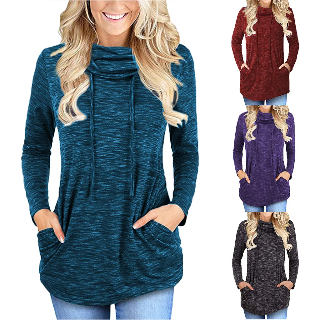 Womens Long Sleeve Cowl Neck Casual Sweatshirt Tops with Pockets harajuku hoodies sweatshirt streetwear sudaderas para mujer #3 | Женская
