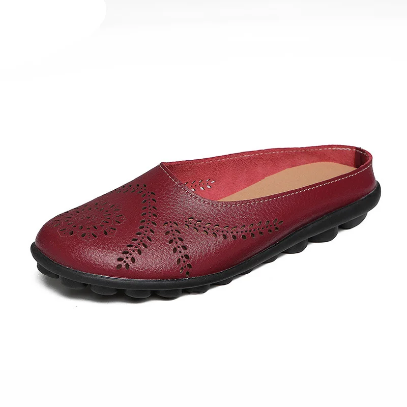 Бордовый Women Flats Breathable Summer Genuine Leather Shoes Women Casual Slip On Loafers Plus Size 44 Mocassin Femme Nurse Flat Shoes - Цвет: Бордовый