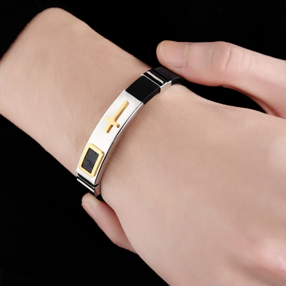 Fashion Punk Cross Silicone Bracelet For Men Stainless Steel Black/ Gold Color Male Jewelry Adjustable Wristbands | Украшения и