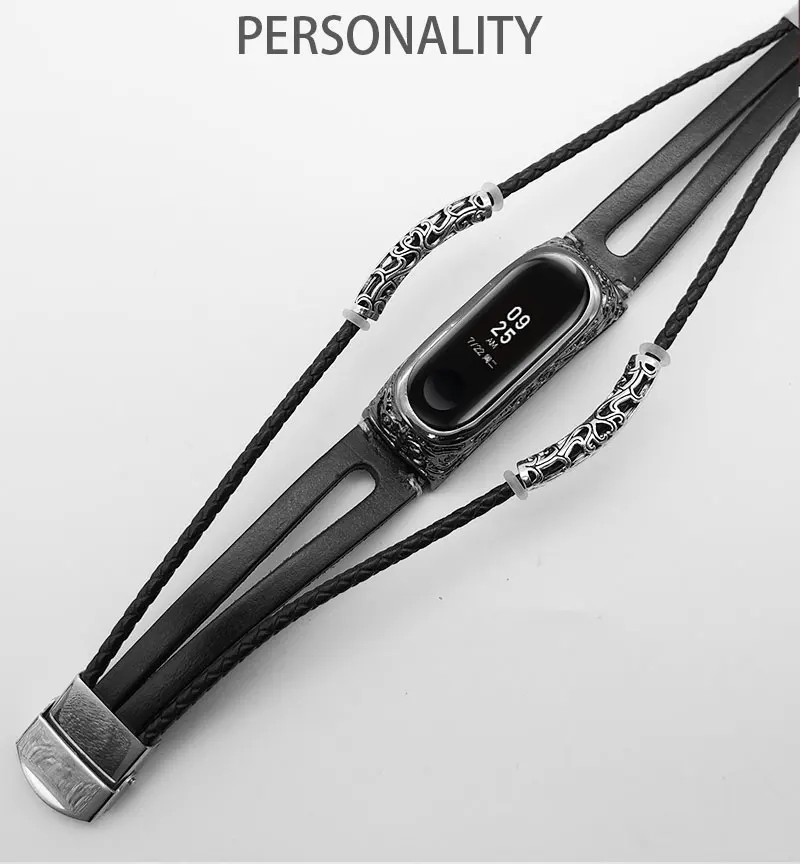 AKGLEADER для Xiaomi mi Band 3 Ретро ремешок для часов из натуральной кожи с ювелирным ремешком на запястье металлический гравированный чехол для mi Band mi 3
