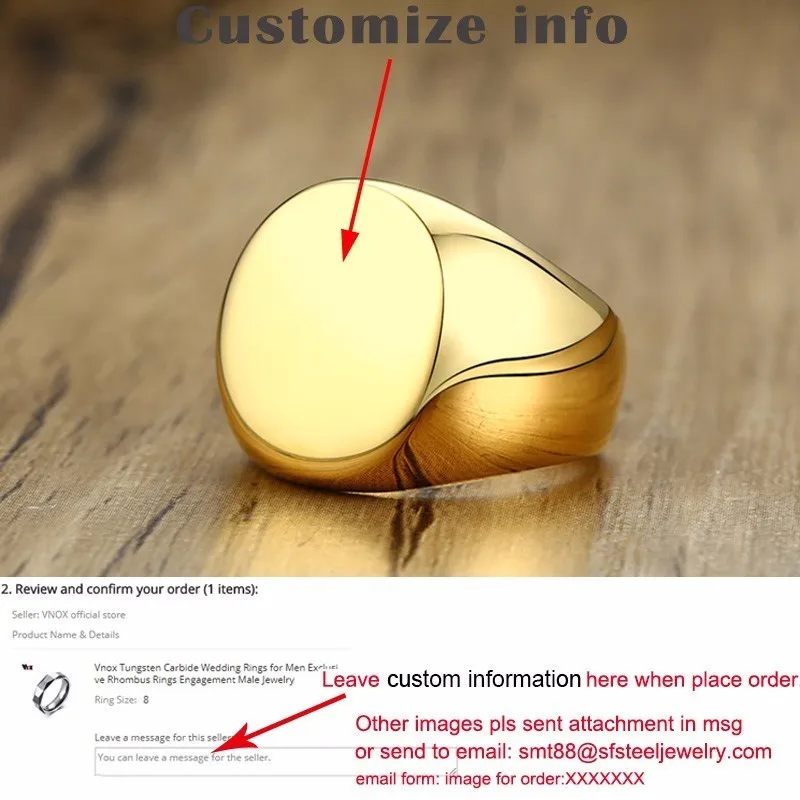 Custom Gold Vnox 20 мм массивное персонализированное круглое кольцо-печатка с Круглым Верхом для мужчин глянцевое тяжелое кольцо из нержавеющей стали с штампом в стиле панк для мальчиков на заказ - Цвет основного камня: Custom Gold