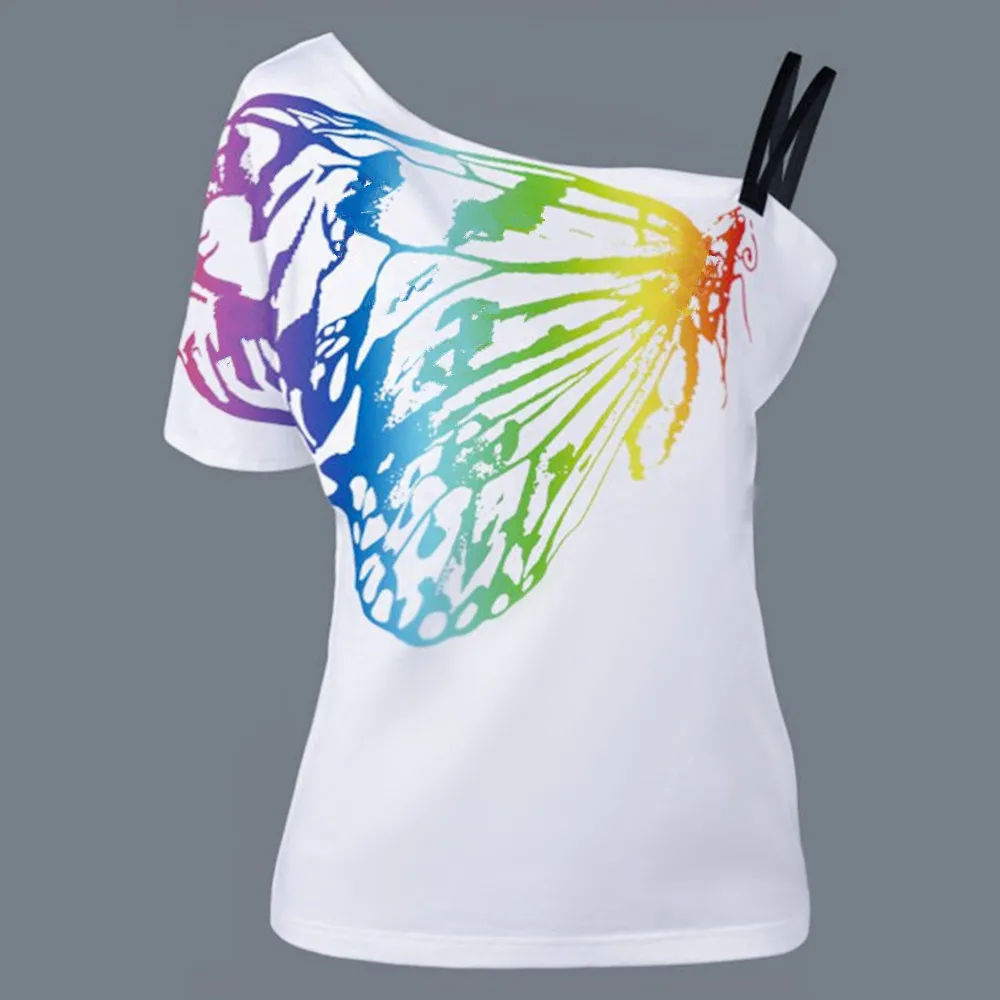 RENBANG New Summer Sexy Ladies Oblique Shoulder T Shirt Butterfly Printed Strap Short Sleeve Tops Women Tees Plus Size 5XL | Женская