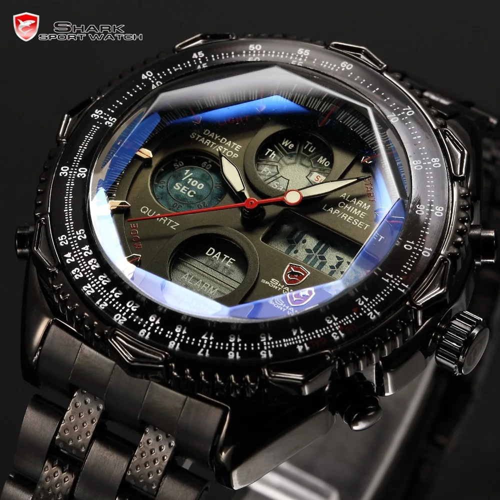 Акула цифровые часы ЖК-дисплей ремешок из нержавеющей стали Двойное движение