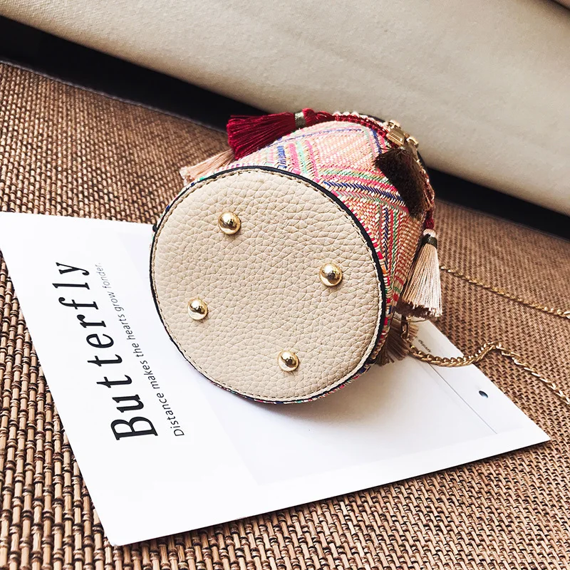 Летний стиль сумочки в форме цилиндра богемная Бохо Плетеная соломенная сумка