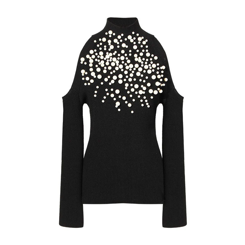 TWOTWINSTYLE Pearl Sweater Female Off Shoulder Long Sleeves Sexy Slim Knitting Jumpers Women Elegant Autumn Clothing 2018 Tops | Женская