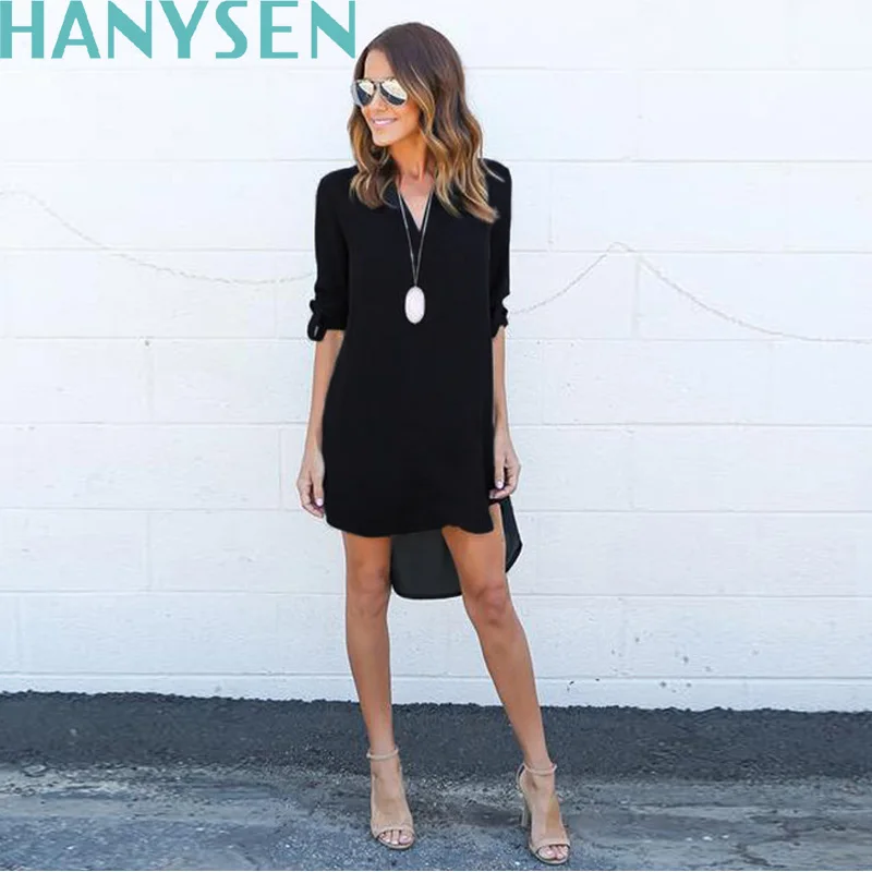 Hanysen осень женщины краткая dress v образным вырезом цветом шифон средней длины