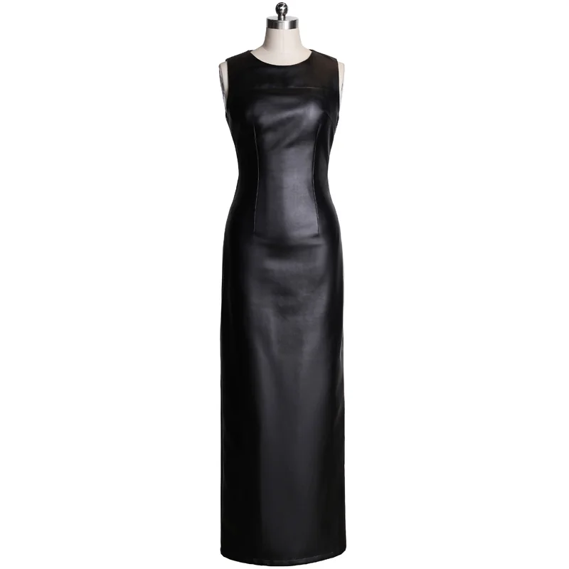 

Customize 2017 New Womens Autumn Spring Split Black Faux Leather Dress Vestidos Ankle-Length Plus Size Elegant Sexy Dresses